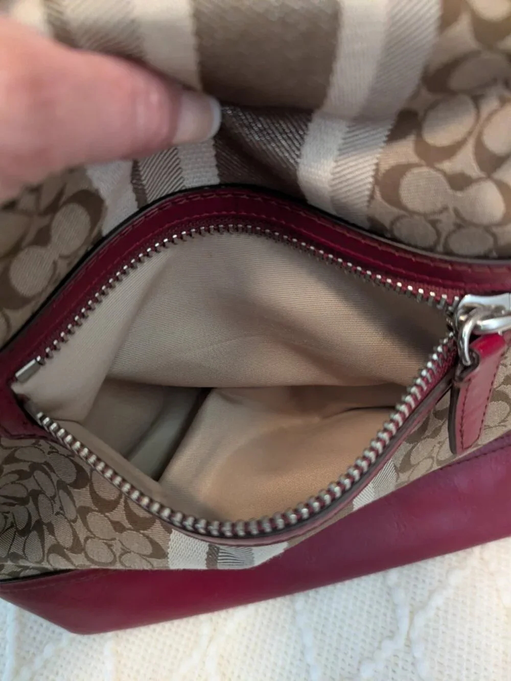 Coach Legacy Signature Stripe Canvas Leather Trim Hobo Shoulder Bag Khaki/ Red